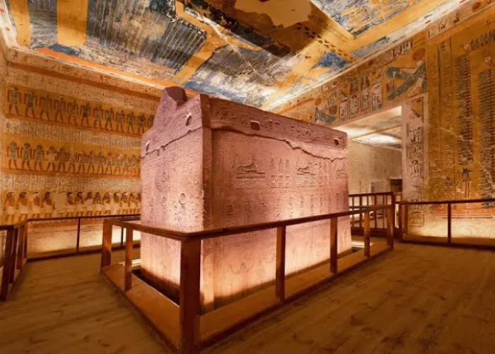 Painted burial chamber with a stone sarcophagus in the Valley of the Kings, Luxor