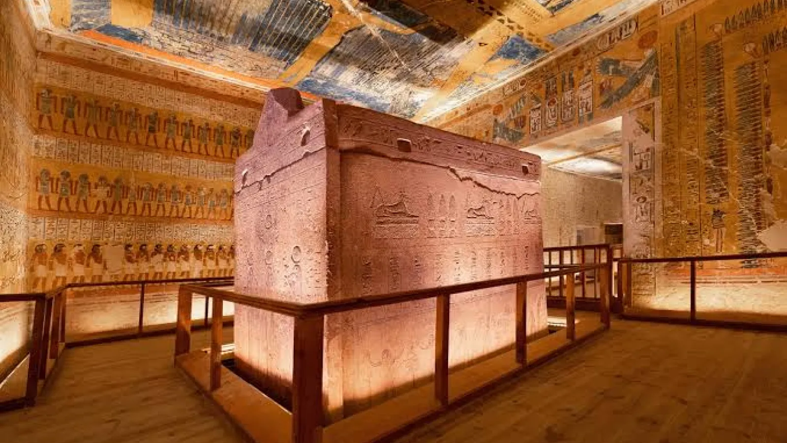 Painted burial chamber with a stone sarcophagus in the Valley of the Kings, Luxor