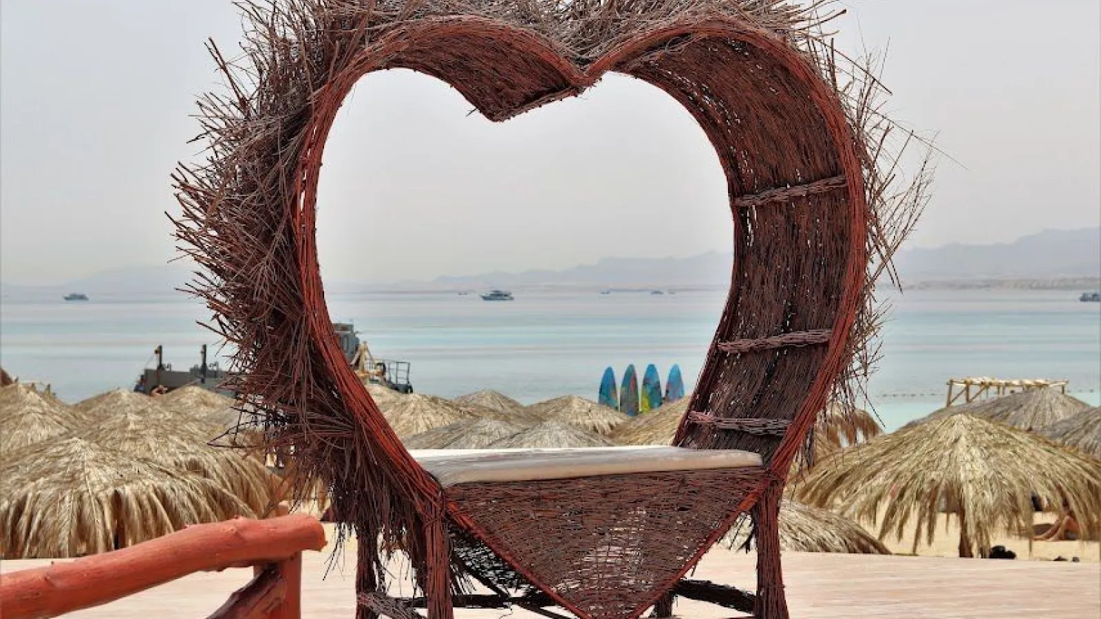 Heart-shaped wicker photo frame on the beach of Paradise Island, Hurghada