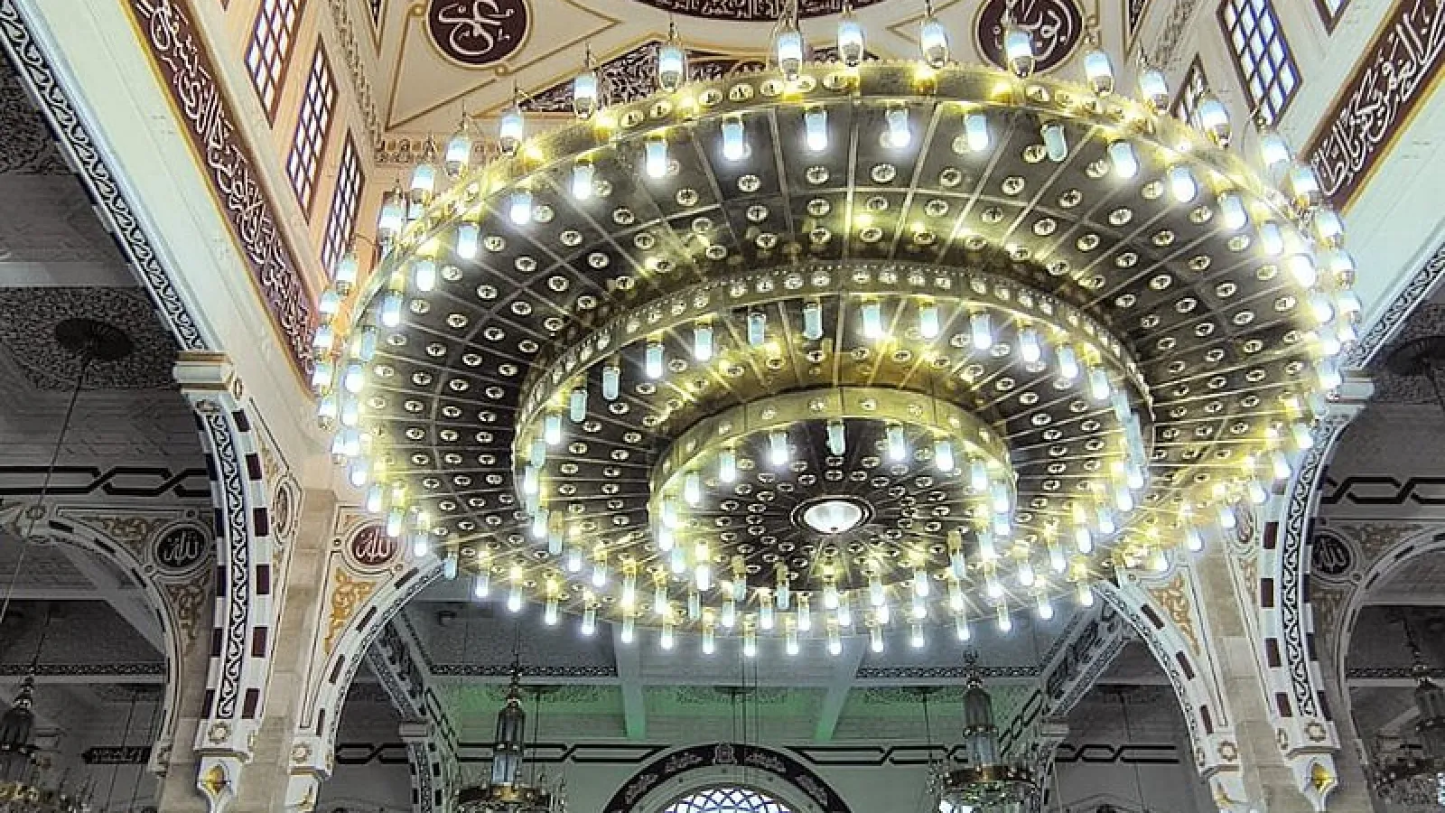 Chandelier and carved ceiling inside the prayer hall of El Mina Mosque, Hurghada
