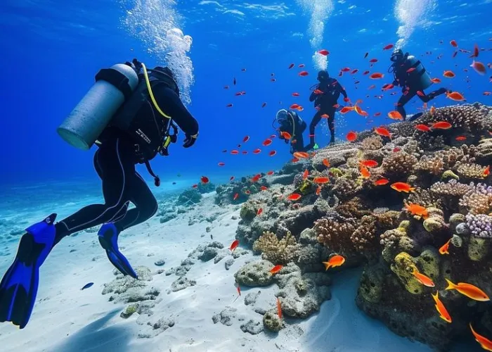 Scuba divers exploring a coral block full of orange anthias near Hurghada