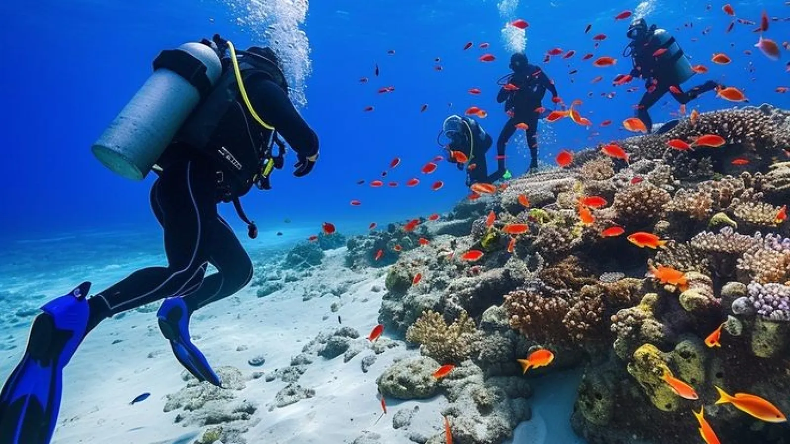 Scuba divers exploring a coral block full of orange anthias near Hurghada