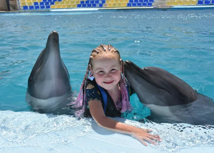 Girl hugging two dolphins at the pool edge of the dolphinarium near Hurghada